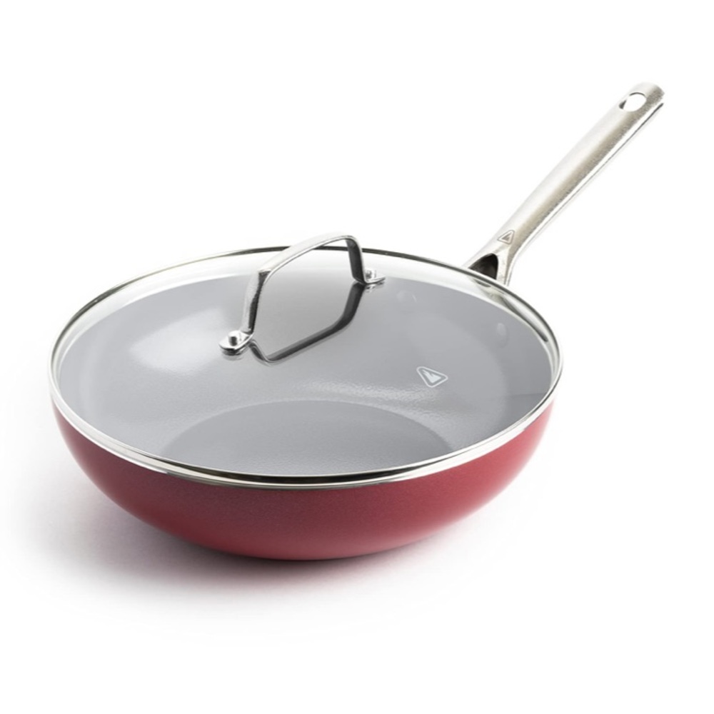 Red Volcano Textured Ceramic Non-stick 11” Flat Bottom Wok Stir-fry Pan with Lid